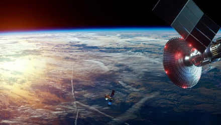 Space satellite with antenna and solar panels in space AdobeStock_335719121 resize.jpg 1